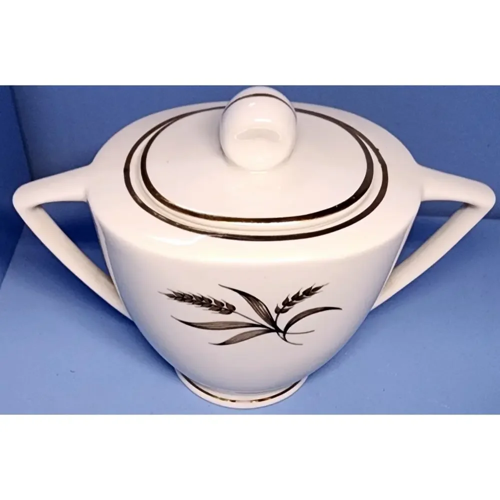 EMBASSY USA Vitrified Gold Black Wheat Pattern Sugar Bowl & Lid Pointed Handles